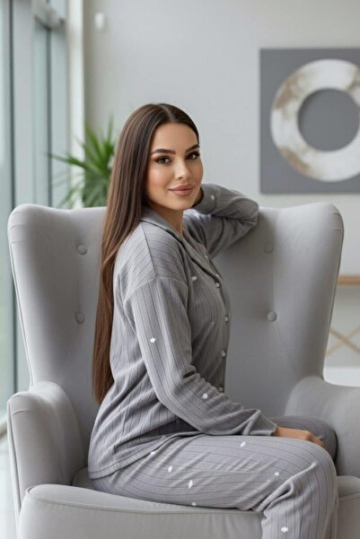 Pijamaevi Gray Wick Heart Patterned Front Buttoned Plush Fleece Pajama Set