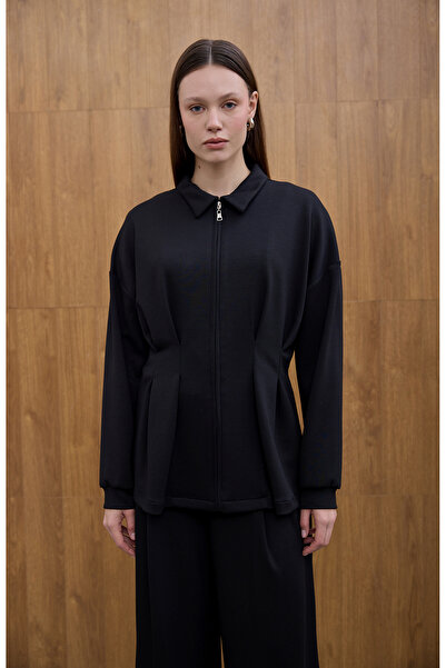 Birgül Bektaş Black Glow Pile Detailed Zippered Sweatshirt