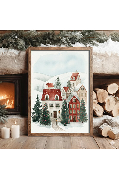 Creatick Design Yeni Yıl Temalı Karlı Kasaba Ham Ahşap Çerçeveli Tablo Yılbaş...