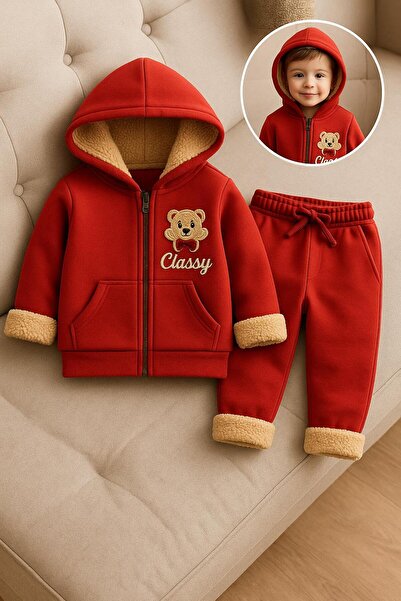 CLASSY.MODA Winter3 Yarn-Unisex Children's K Hooded Zippered Suit – Embroidered Teddy Bear, Furry Inside