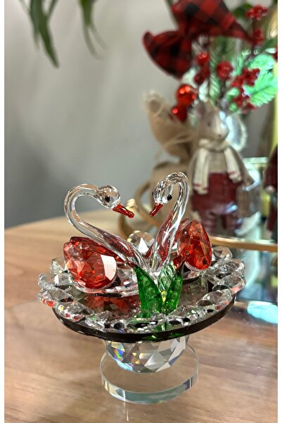 Kiri Dekoratif Kristal Cam İkili Kuğu Kırmızı