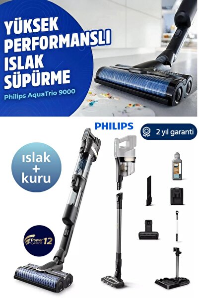 Philips Islak&Kuru Aqua Trio Kablosuz Dikey Süpürge,Yeni Seri Işıklı Başlık ,Kendini Temizleme Özelliği