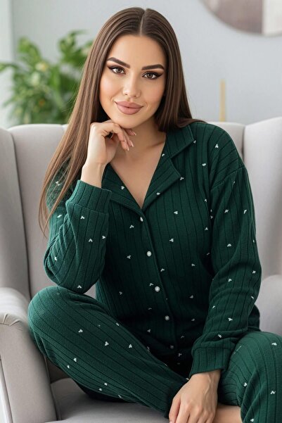 Pijamaevi Green Wick Heart Patterned Front Buttoned Plush Fleece Pajama Set