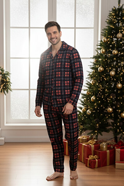 ELİTOL Navy Blue Plaid Pattern Suede Buttoned Men's Pajama Set
