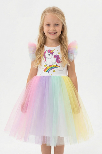 Ceylin Fashion Rochie de aniversare curcubeu din tul colorat pentru fete, roc...