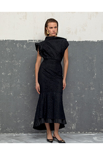 KAMEYA Flounce Detailed Lace Black Long Dress