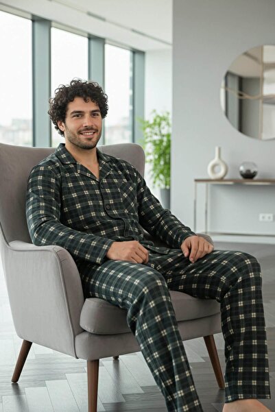 Pijamaevi Black Salmon Plaid Patterned Front Buttoned Elegant Men's Pajama Set