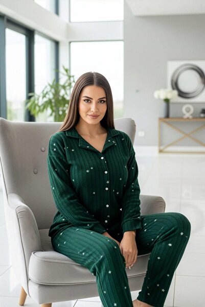 Pijamaevi Green Star Patterned Front Buttoned Plush Fleece Pajama Set