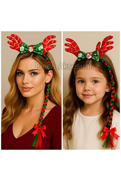 QUEEN AKSESUAR Coroană de Crăciun cu coarne de cerb, cu păr, cu plasă argintie, roșu, verde, Moș Crăciun