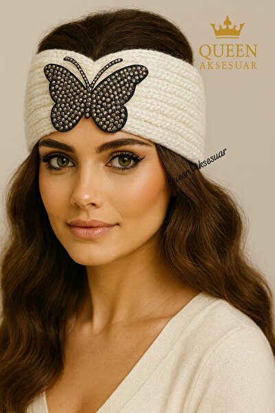QUEEN AKSESUAR Butterfly Stone Embroidered Mesh Knitted Stretchy Wool Fabric Women's Hair Bandanas Ear Warmer Cream Color White