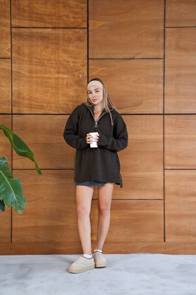 GİYSİ DÜNYASI 57 Triko Fabric Honeycomb Knit Zippered Pola Collar Sweater