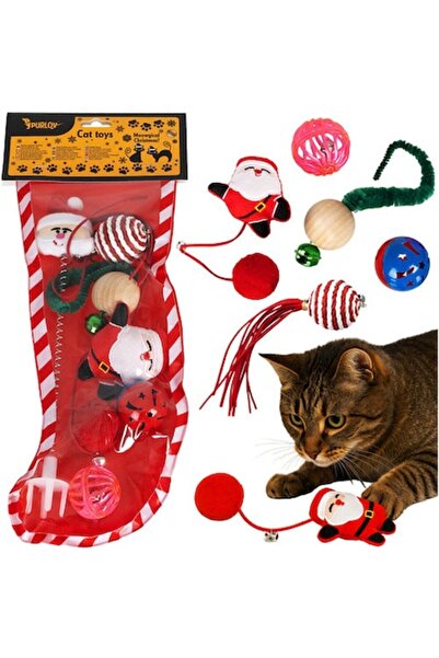 Purlov Set of 6 Cat Toys - Christmas/Winter (Ball, Pompom, Spring, Bell) with Christmas Stocking