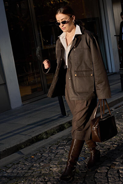 My Blog Καφέ βελούδινο παλτό με λεπτομέρεια με γιακά - 5132