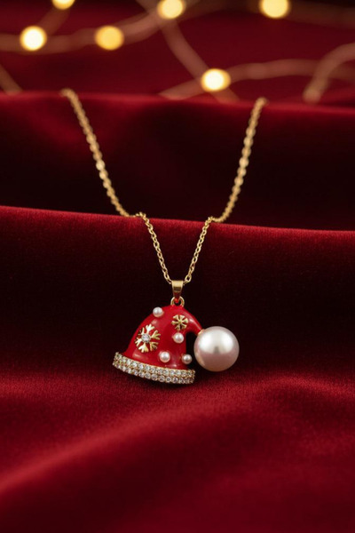 Jaida Moda Women's Gold Pearl Detailed New Year's Hat Figured New Year's Steel Necklace