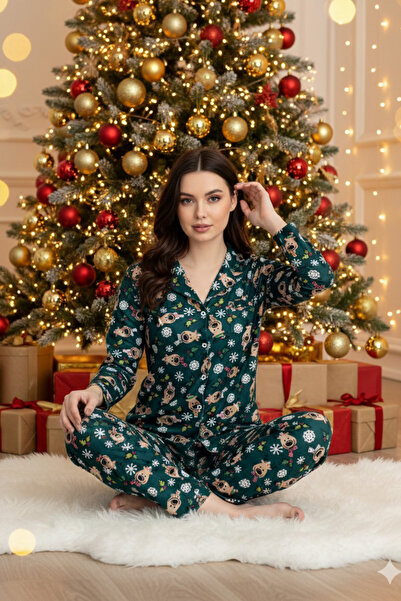ELİTOL Suede Christmas Themed Buttoned Women's Pajama Set