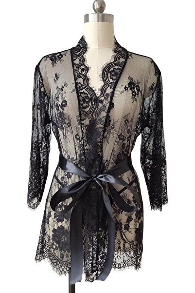 Generic Sexy Women's Lingerie - Transparent Lace Ruffled Robe Nightwear