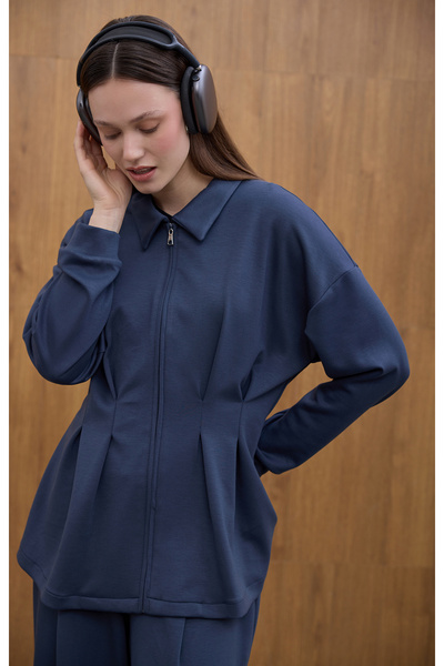 Birgül Bektaş Navy Blue Glow Pile Detailed Zippered Sweatshirt