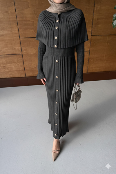 Ulugöl Tekstil Button Detailed Cape Dress