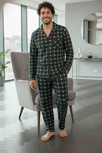 Pijamaevi Black Salmon Plaid Patterned Front Buttoned Elegant Men's Pajama Set