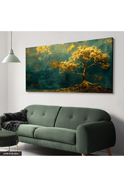 Evinemoda Gold Detaylı Ağaç Tek Parça Kanvas - Canvas Tablo
