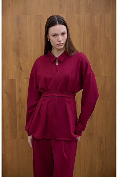 Birgül Bektaş Burgundy Glow Pile Detailed Zippered Sweatshirt