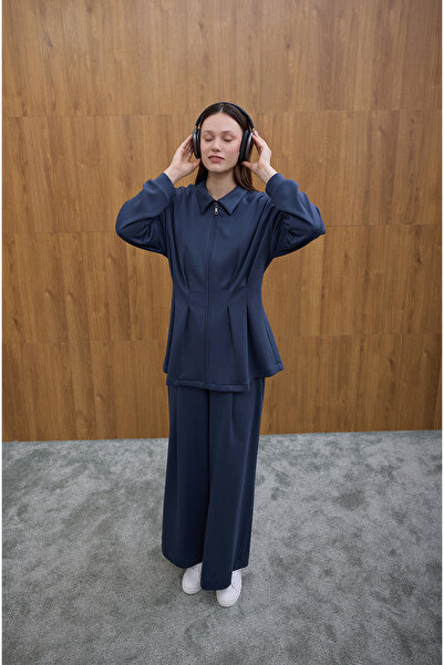 Birgül Bektaş Navy Blue Glow Pile Detailed Zippered Sweatshirt