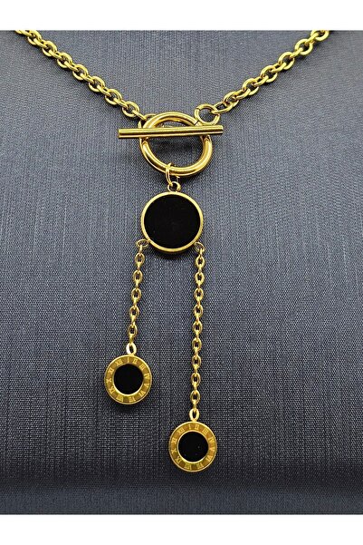 Mosso Steel Ring Detailed Y Model Black - Gold Color Steel Necklace