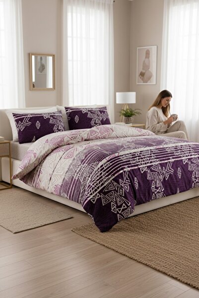 Cottonest Plum Geometric Patterned 100% Cotton Duvet Cover Set – Double Size, Soft Texture, Modern Design