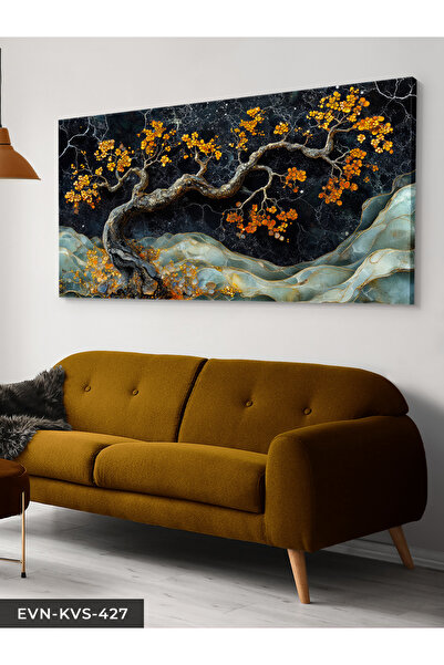 Evinemoda Turuncu Çiçekli Ağaç Tek Parça Kanvas - Canvas Tablo