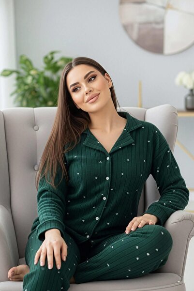 Pijamaevi Green Wick Heart Patterned Front Buttoned Plush Fleece Pajama Set