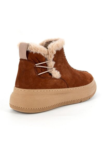 Mammamia D25KB-1540 Taba Renk Nubuk Hakiki Deri Kürklü Fermuarsız Kadın Bot