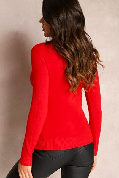 FashionForYou Women's knitted sweater ARYA, with roll neck, Red, Size S/M