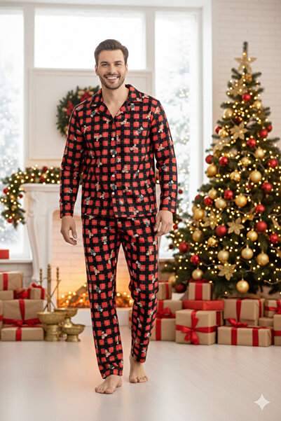 ELİTOL Teddy Bear Pattern Suede Buttoned Men's Pajama Set