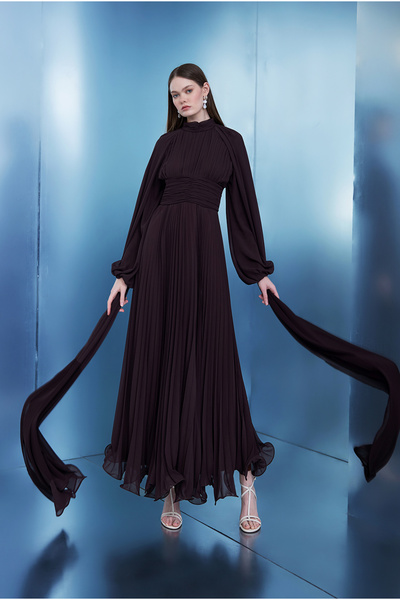 Birgül Bektaş Βραδινό φόρεμα με μανδύα Luna σε καφέ πικρό χρώμα