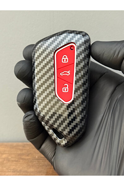 Luxe Aksesuarr Volkswagen Seat Skoda 2020-2025 Husă pentru chei din fibră de carbon cu 3 butoane Smart, cheie roșie