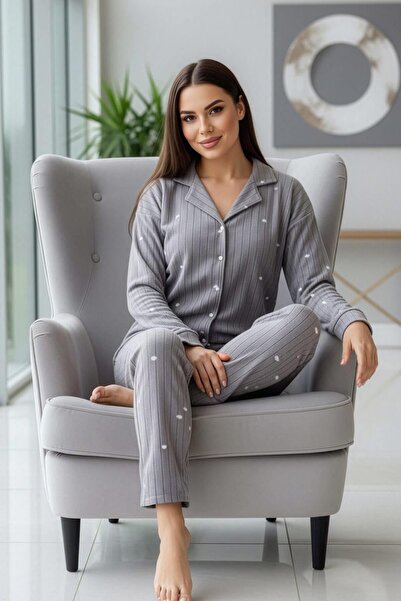 Pijamaevi Gray Wick Heart Patterned Front Buttoned Plush Fleece Pajama Set