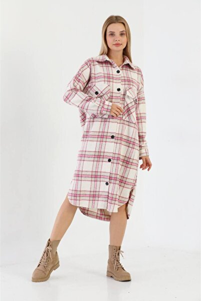 Polologin Butik Winter Lumberjack Fabric Long Shirt Dress