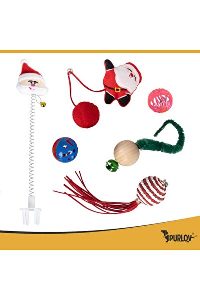 Purlov Set of 6 Cat Toys - Christmas/Winter (Ball, Pompom, Spring, Bell) with Christmas Stocking