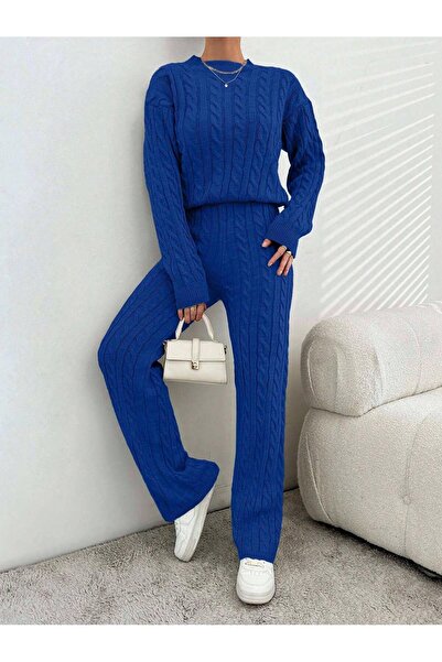 Miss Poem Women's Winter Long Basic Top and Bottom Blue Knitwear Set