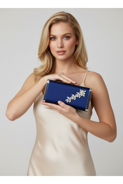 Biçanta Navy Blue Full Metal Frame and Crystal Embroidered Glitter Satin Even...