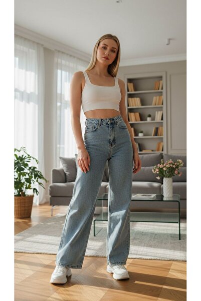 geenz manifacture High Waist Snow Blue Stretchy Lycra Palazzo Jeans Pants