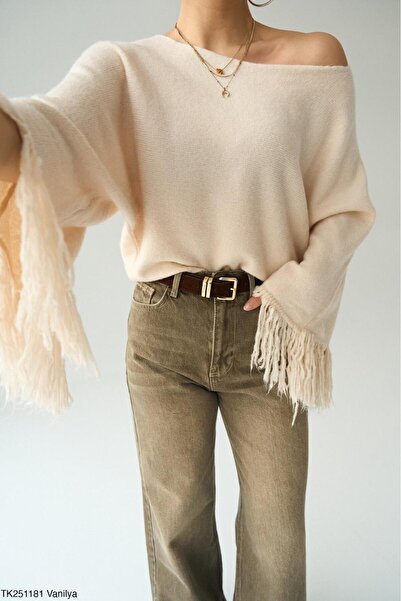 CADDELAMODA Women's Tassel Sleeve Boat Neck Sweater