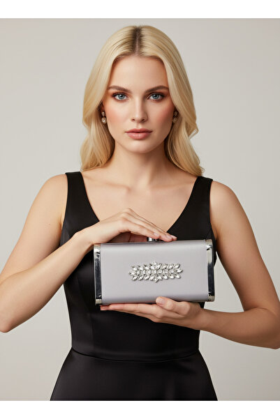 Biçanta Silver Gray Complete Metal Frame and Crystal Embroidered Glitter Satin Evening Dress Bag Wedding Engagement Graduation