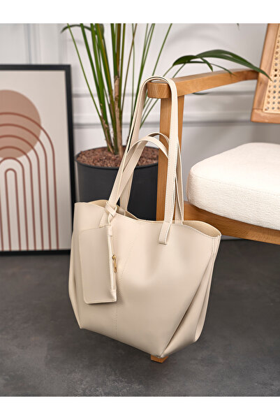 Rivina Vera Women's Magnet Closure Wallet Detailed Large Capacity Tote Hand and Shoulder Bag Cream