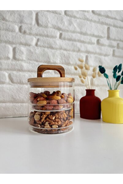 yeninesilevim 2 Katlı Akasya Kapaklı Vakumlu Cam Kurabiyelik Sunumluk Şekerli...