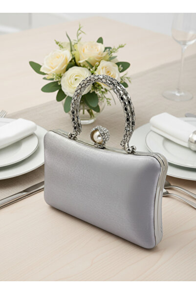 Biçanta Silver Grey Pearl and Crystal Embroidered Glitter Satin Evening Dress Bag Wedding Engagement Graduation