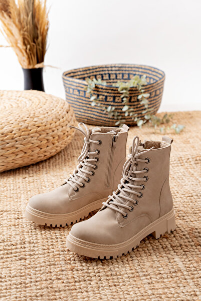 bashrol Kadın Fermuarlı Bağcıklı Postal Bot Kalın Taban Düz Bot