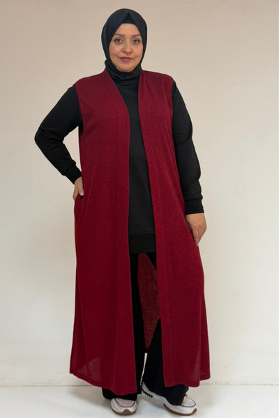 Eslina 54015 Large Size Slit Pocket Long Mir Vest - Claret Red