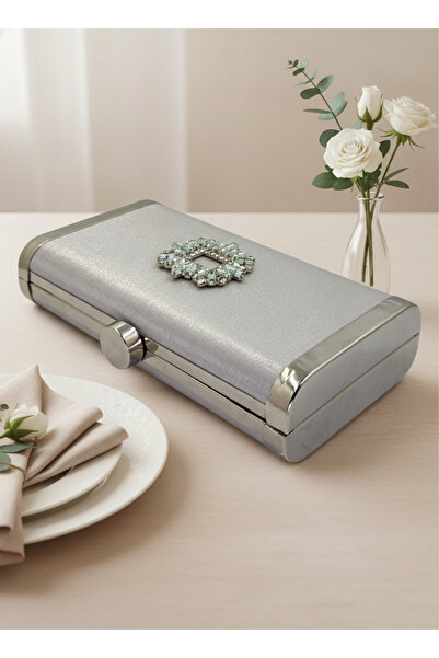 Biçanta Silver Gray Complete Metal Frame and Crystal Embroidered Glitter Satin Evening Dress Bag Wedding Engagement Graduation