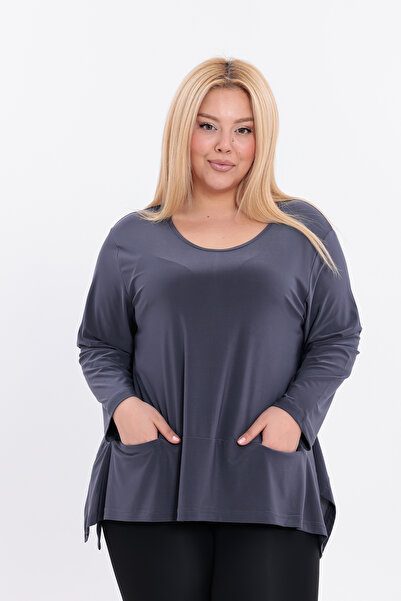 HELVEYS Stylish and Modern Special Design Asymmetrical Pocket Detail Long Sleeve Flexible Sendy Blouse 5020